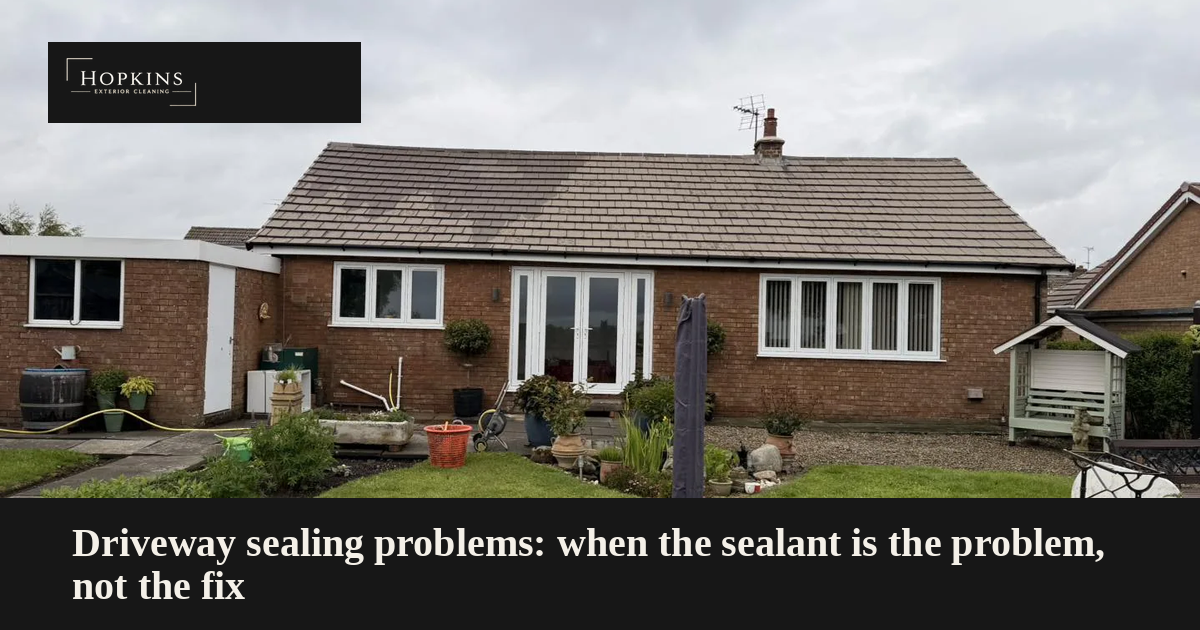 Driveway sealing problems on a Thirsk block paved drive, old sealant peeling off in flakes beside clean block