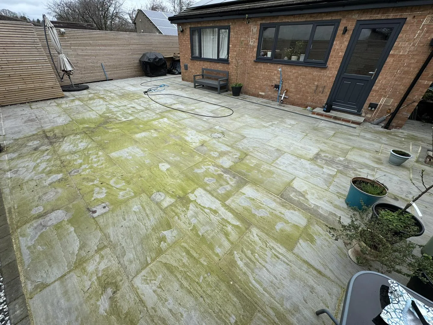 Green patio slab clean before cleaning by Hopkins Exterior Cleaning